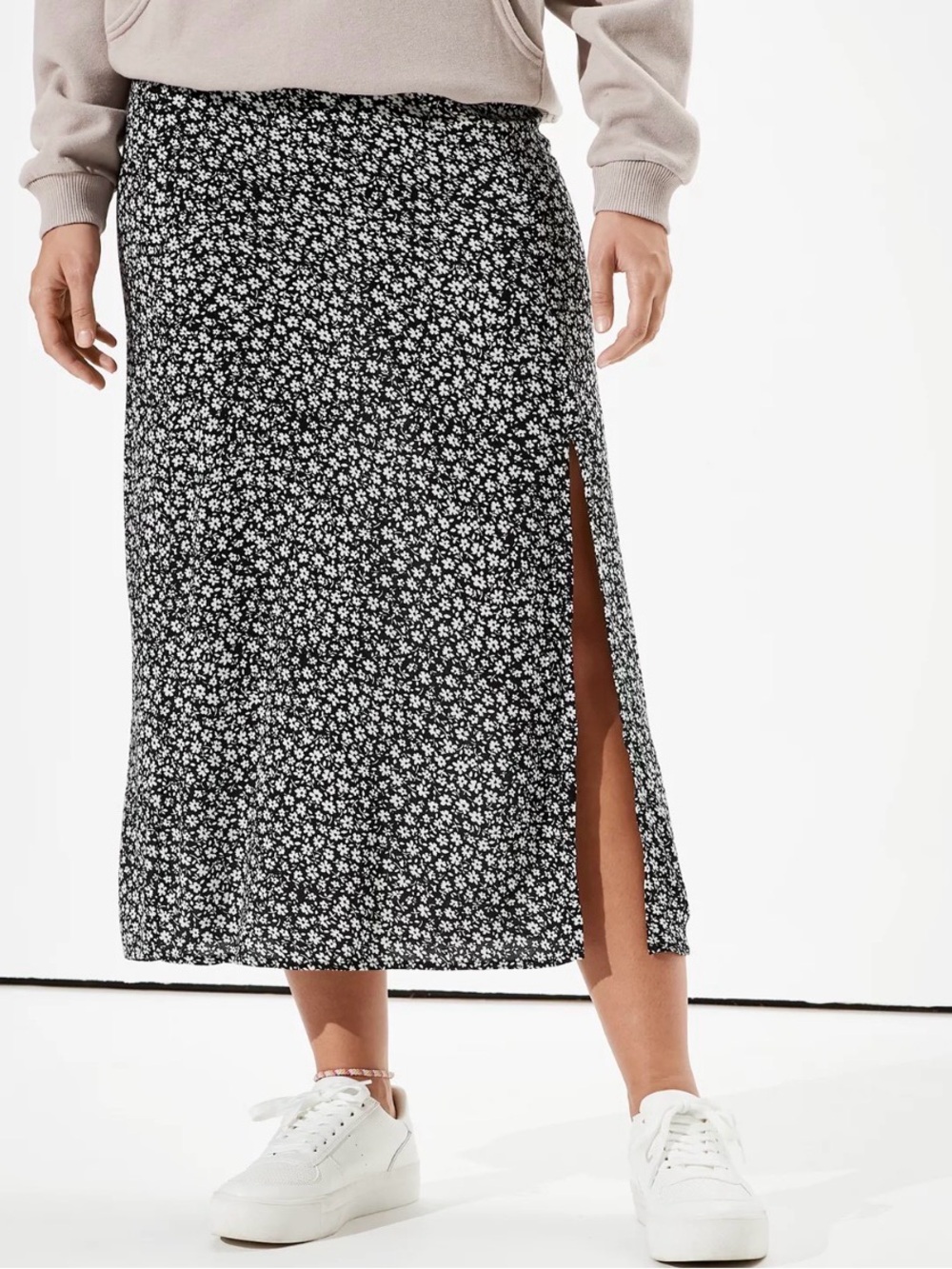 American Eagle Black Floral Midi Skirt with Side Slit